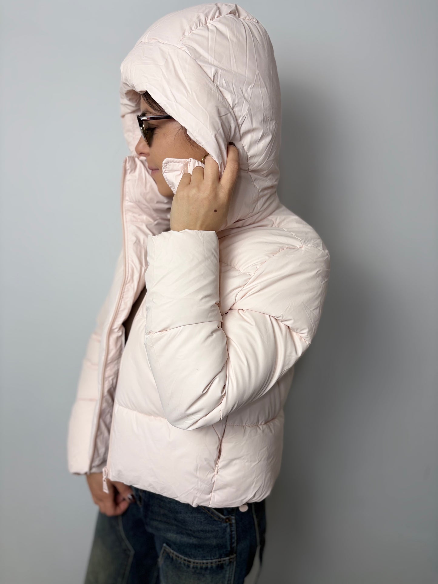 Piumino Corto Rosa Cipria Donna con Cappuccio - Giacca Invernale Elegante