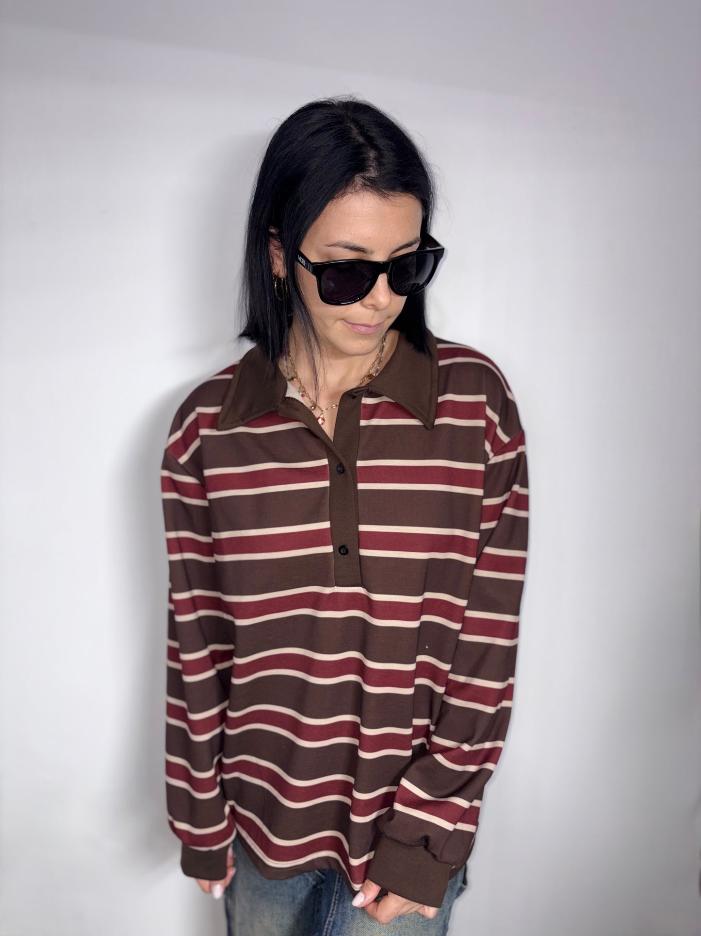 Polo Donna a Righe Oversize - Maglia Manica Lunga Taglia Unica.