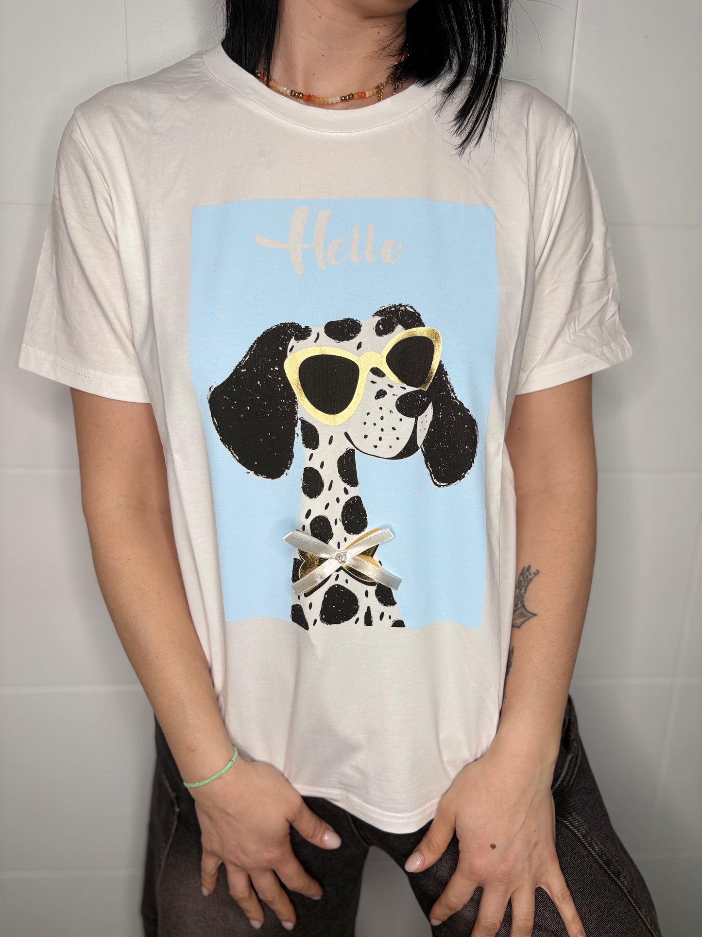 T-Shirt Donna Dalmata Hello con Occhiali - Taglia Unica