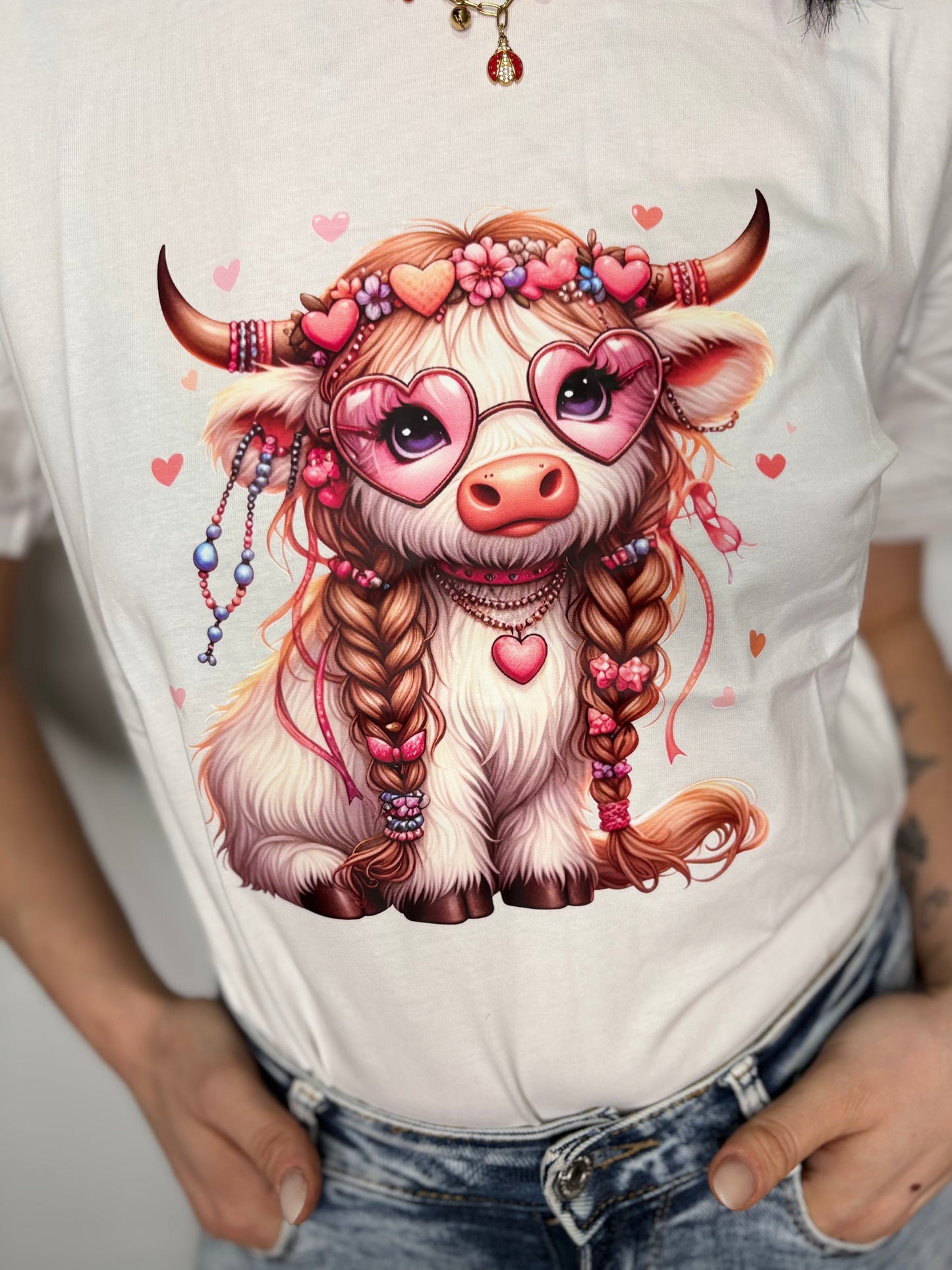 T-Shirt Donna Mucca Hippie Love - Illustrazione Romantica