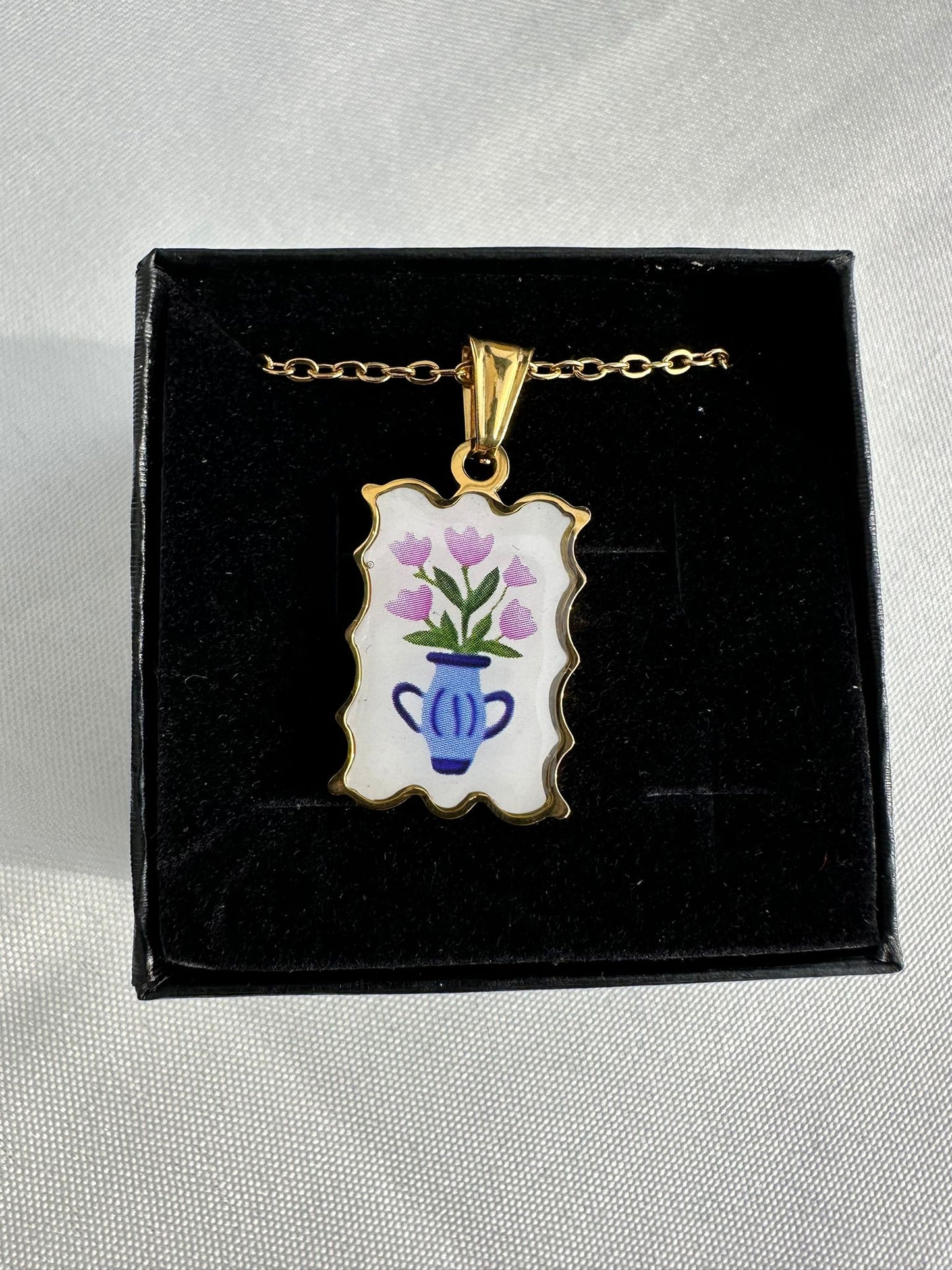 Collana Ciondolo Vaso Fiori Viola - Gioiello Smaltato Oro