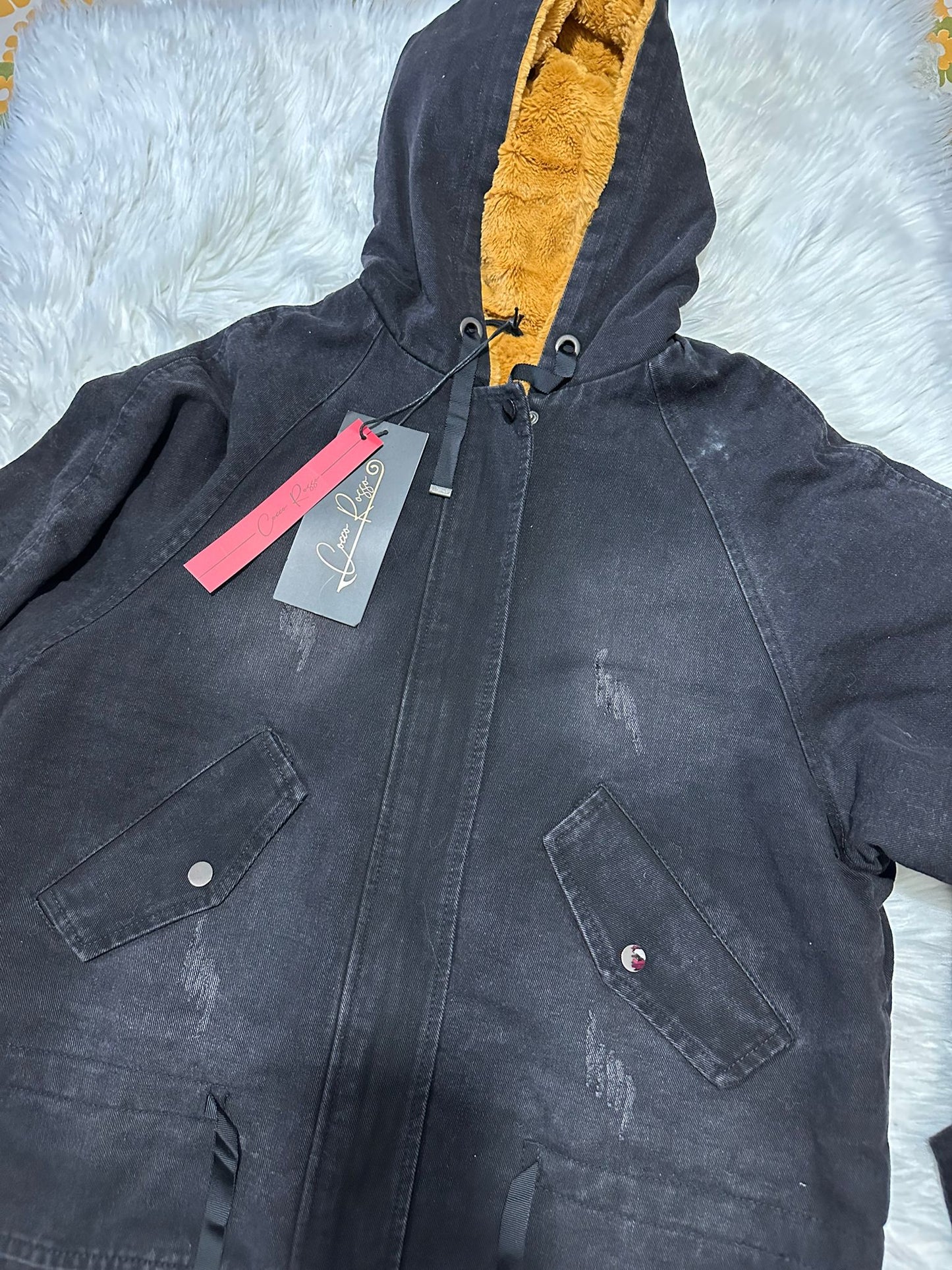 Giacca Denim Nero con Fodera Dorata - Outerwear Premium Donna