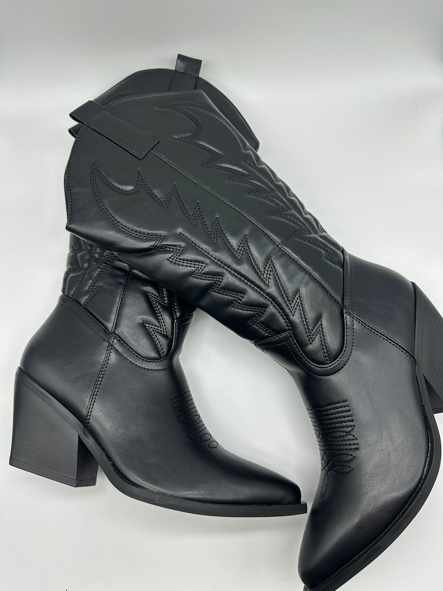 Stivali Texani Donna Neri in Ecopelle con Ricami Western e Tacco