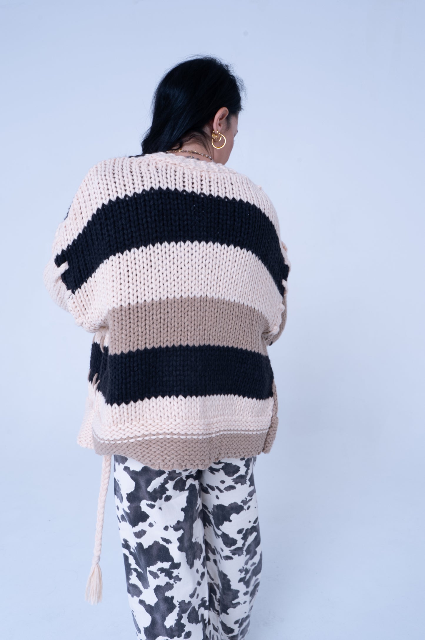 Cardigan Oversize a Righe Beige e Nero - Taglia Unica