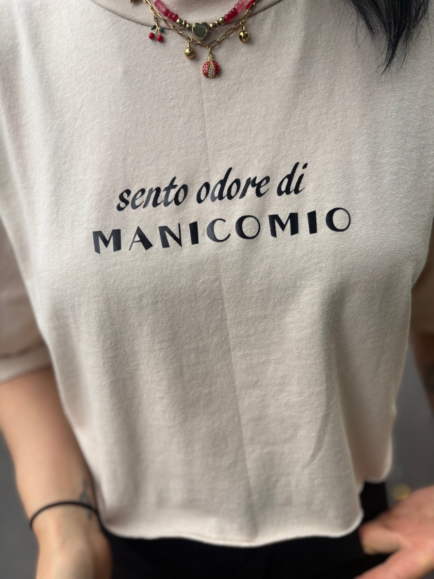 Crop donna con frase “Sento odore di manicomio”