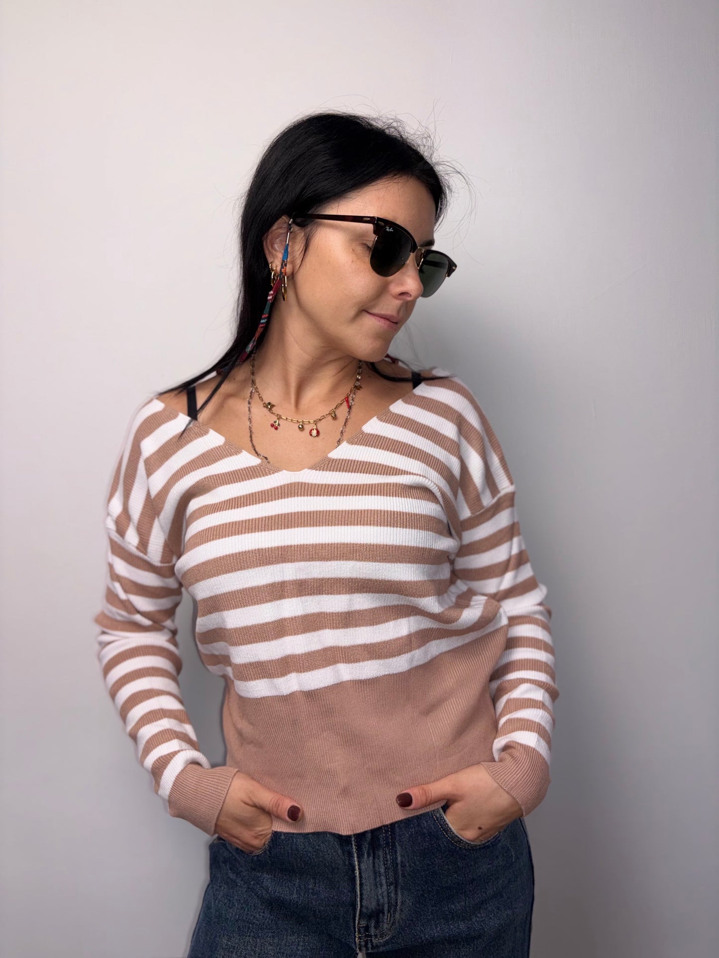 Maglione a Righe Scollo a V