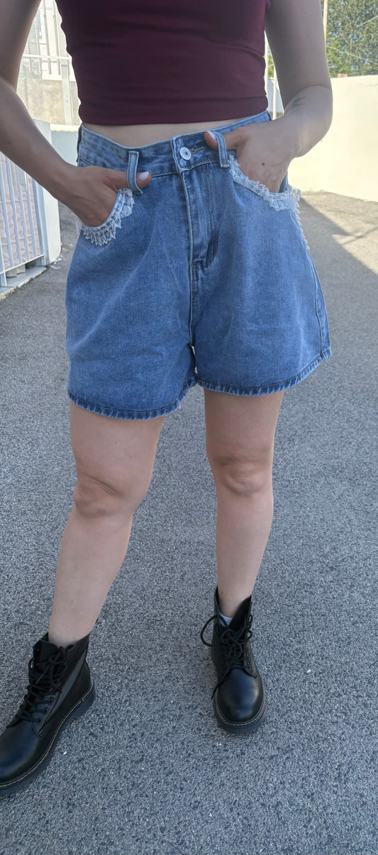 Shorts in Denim con Dettagli in Pizzo — Vita Alta, Taglio Baggy | DR-CLYDE