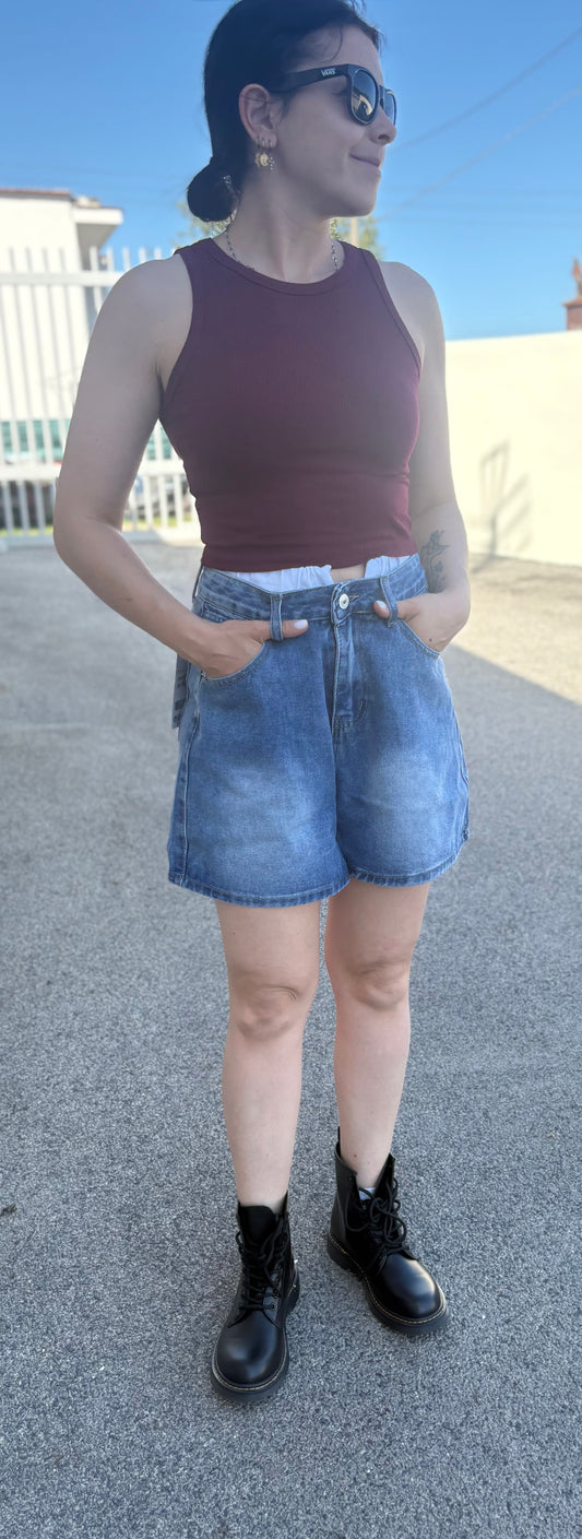 Shorts di Jeans Donna Vita Alta – Denim Blu Lavato Stile Vintage | DR-CLYDE SHOP