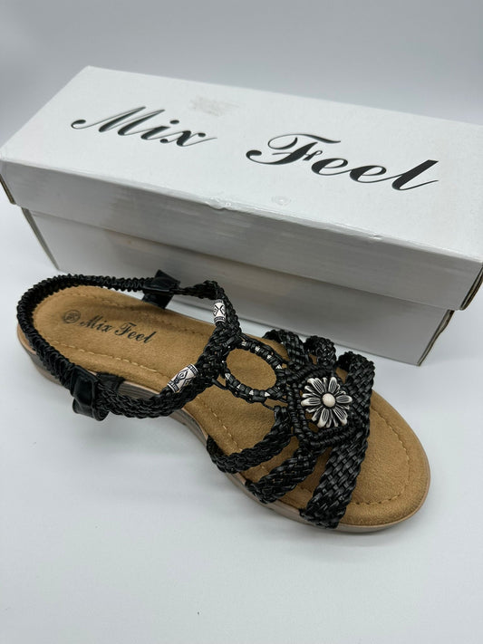 Sandali Donna Neri Intrecciati con Fiore