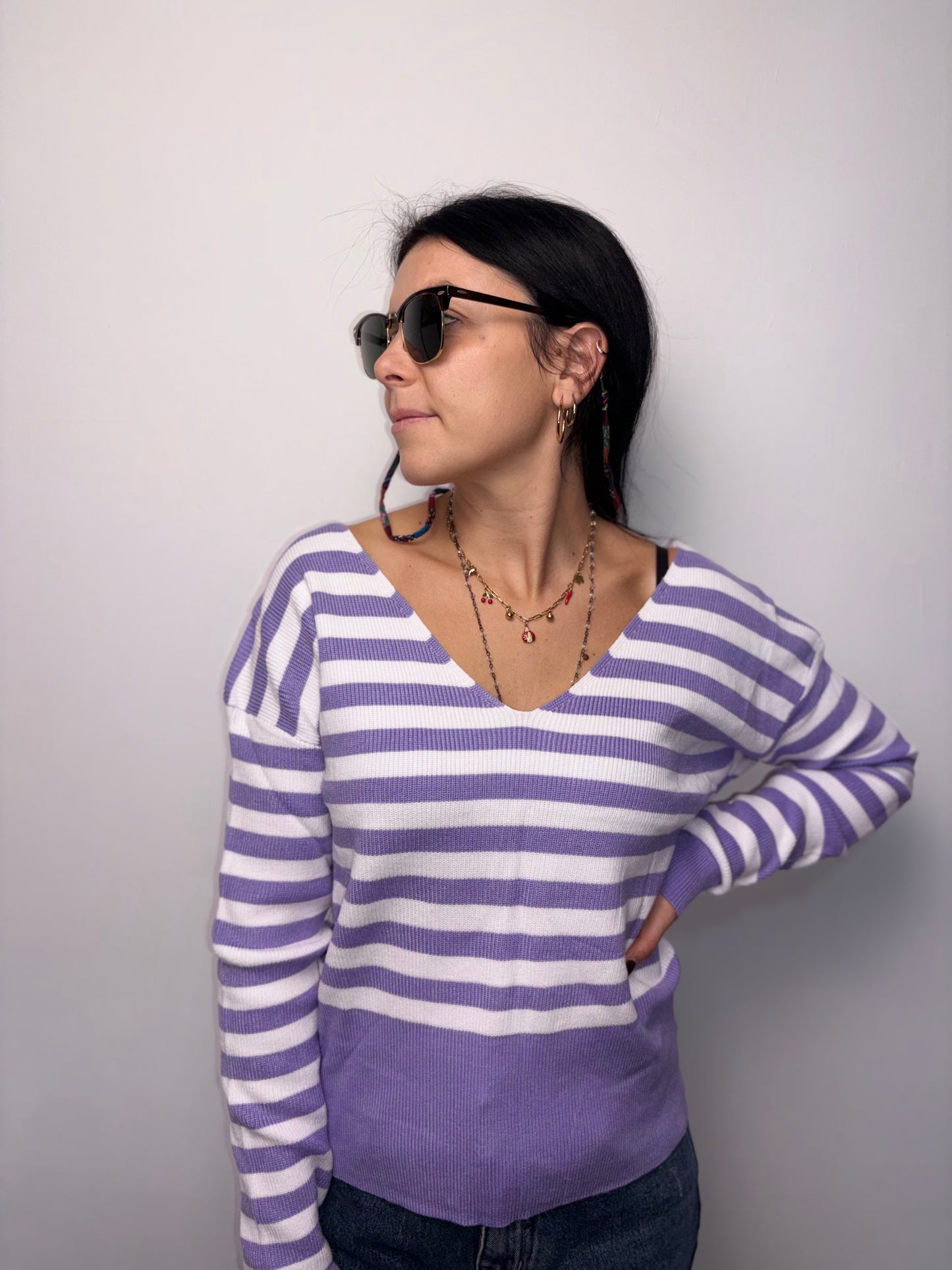 Maglione a Righe Scollo a V