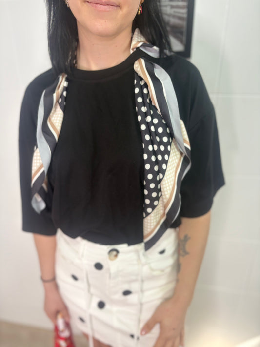 T-shirt Donna con Foulard a Pois - Maglietta Casual Elegante Bianca e Nera