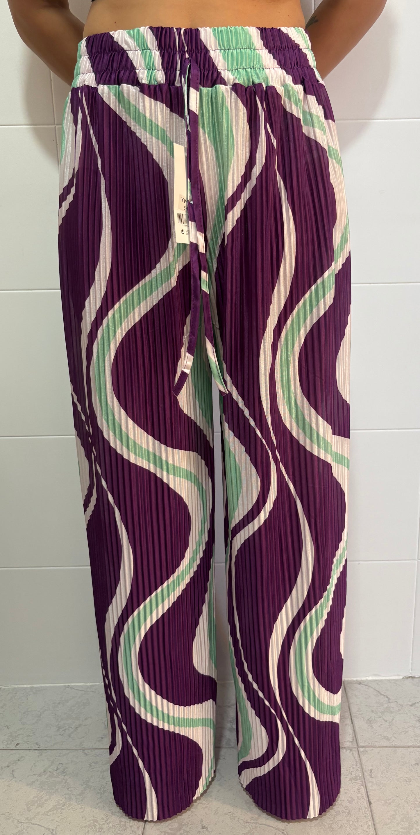 Pantaloni Plissé Wide Leg con Stampa Wave | Vita Elastica