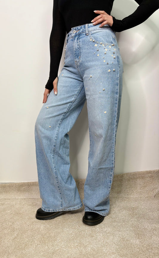 Jeans Palazzo con Applicazioni Floreali - Denim Azzurro Decorato