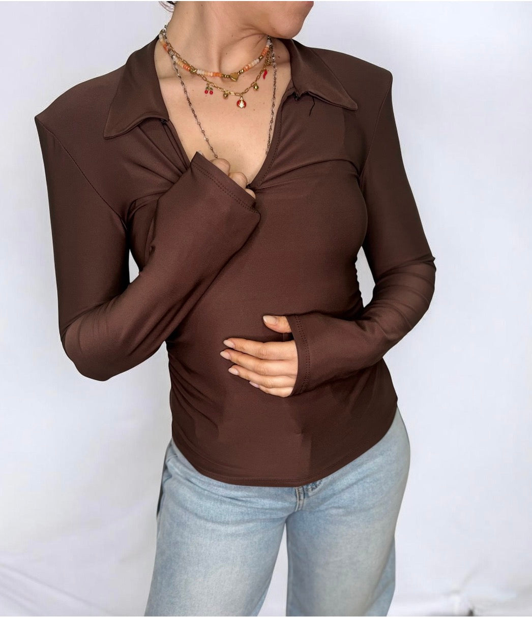 Maglietta Donna Colletto Polo Semi-Trasparente Maniche Lunghe | Top Elegante