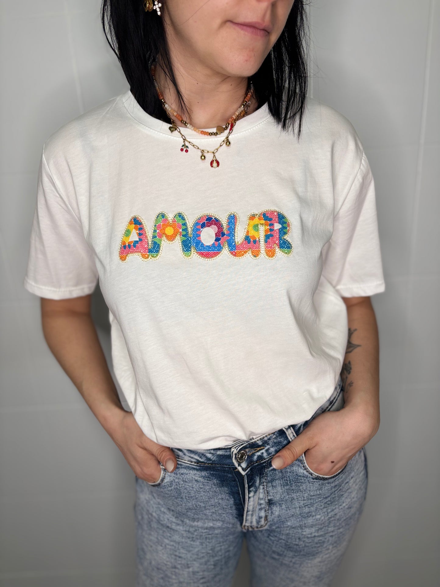 T-Shirt AMOUR Donna Strass Multicolor Cotone 100% | DR-CLYDE SHOP