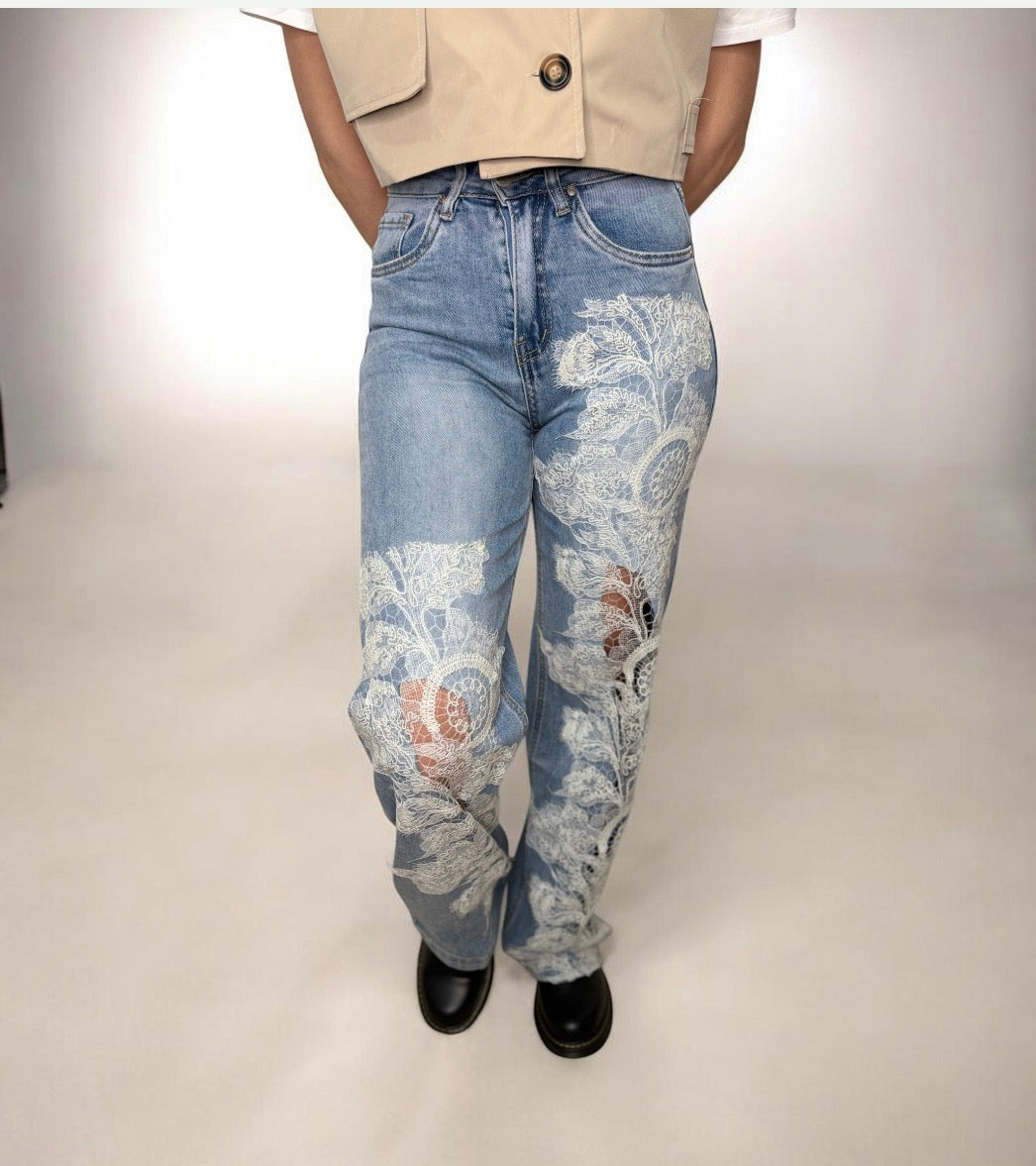 Jeans Denim con Pizzo Ricamato - Luxury Denim Donna | DR-CLYDE SHOP