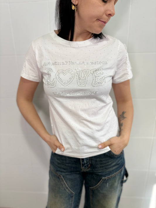 T-Shirt Love Pizzo e Strass - Taglia Unica