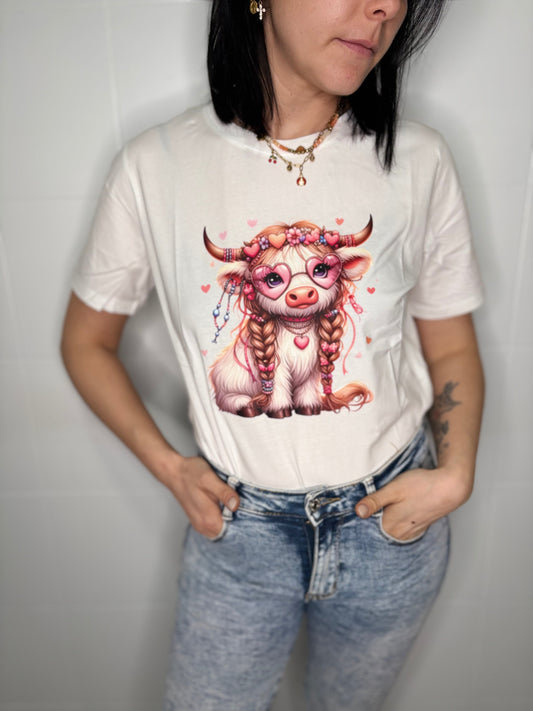 T-Shirt Donna Mucca Hippie Love - Illustrazione Romantica