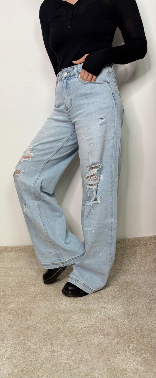 Jeans Distressed Effetto Vissuto con Pizzo - Wide Leg Denim Azzurro