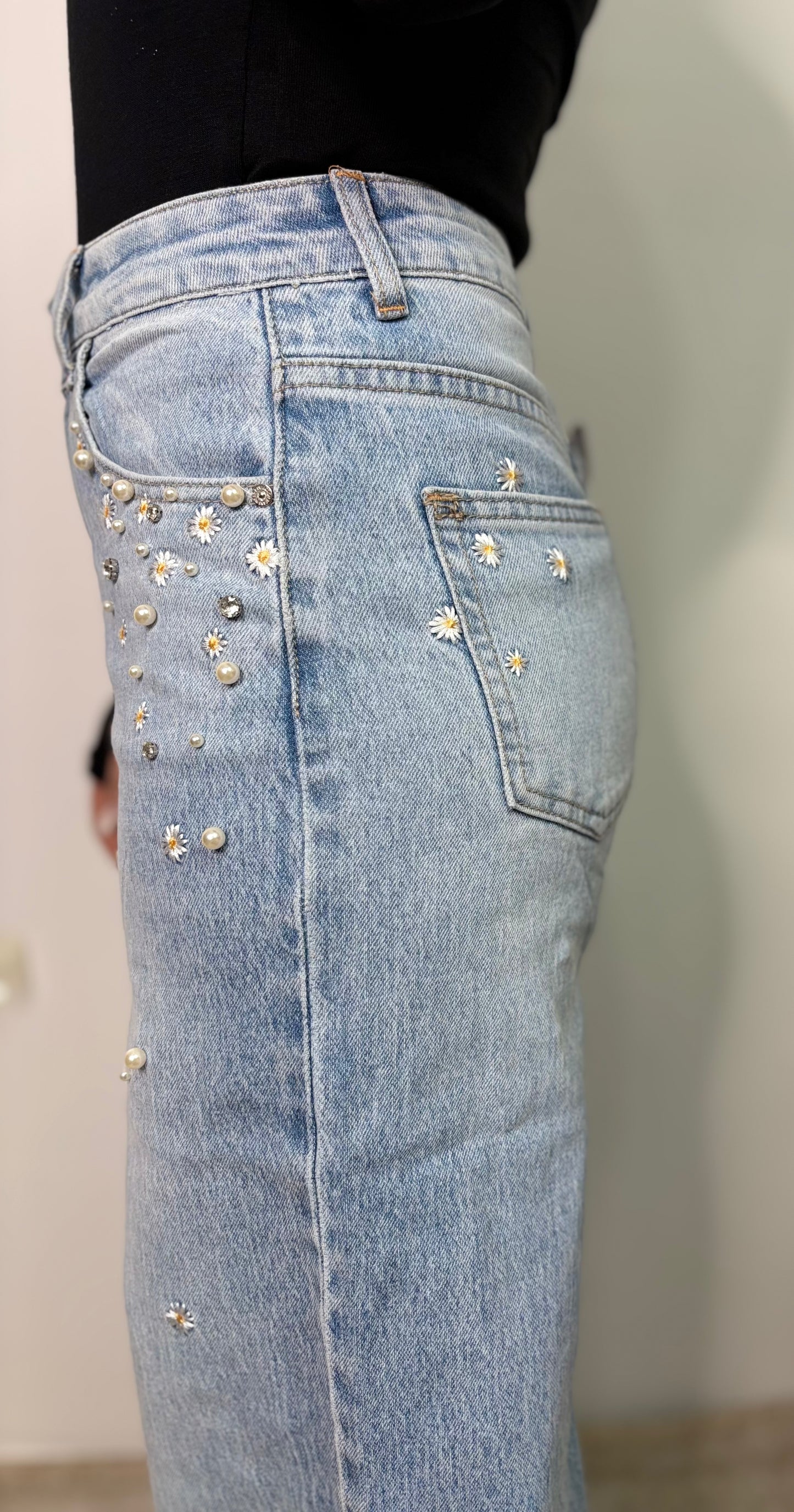 Jeans Palazzo con Applicazioni Floreali - Denim Azzurro Decorato