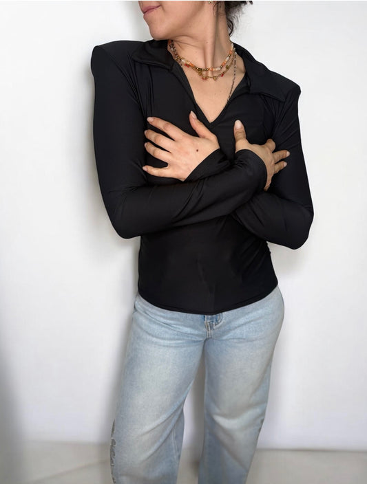 Maglietta Donna Colletto Polo Semi-Trasparente Maniche Lunghe | Top Elegante