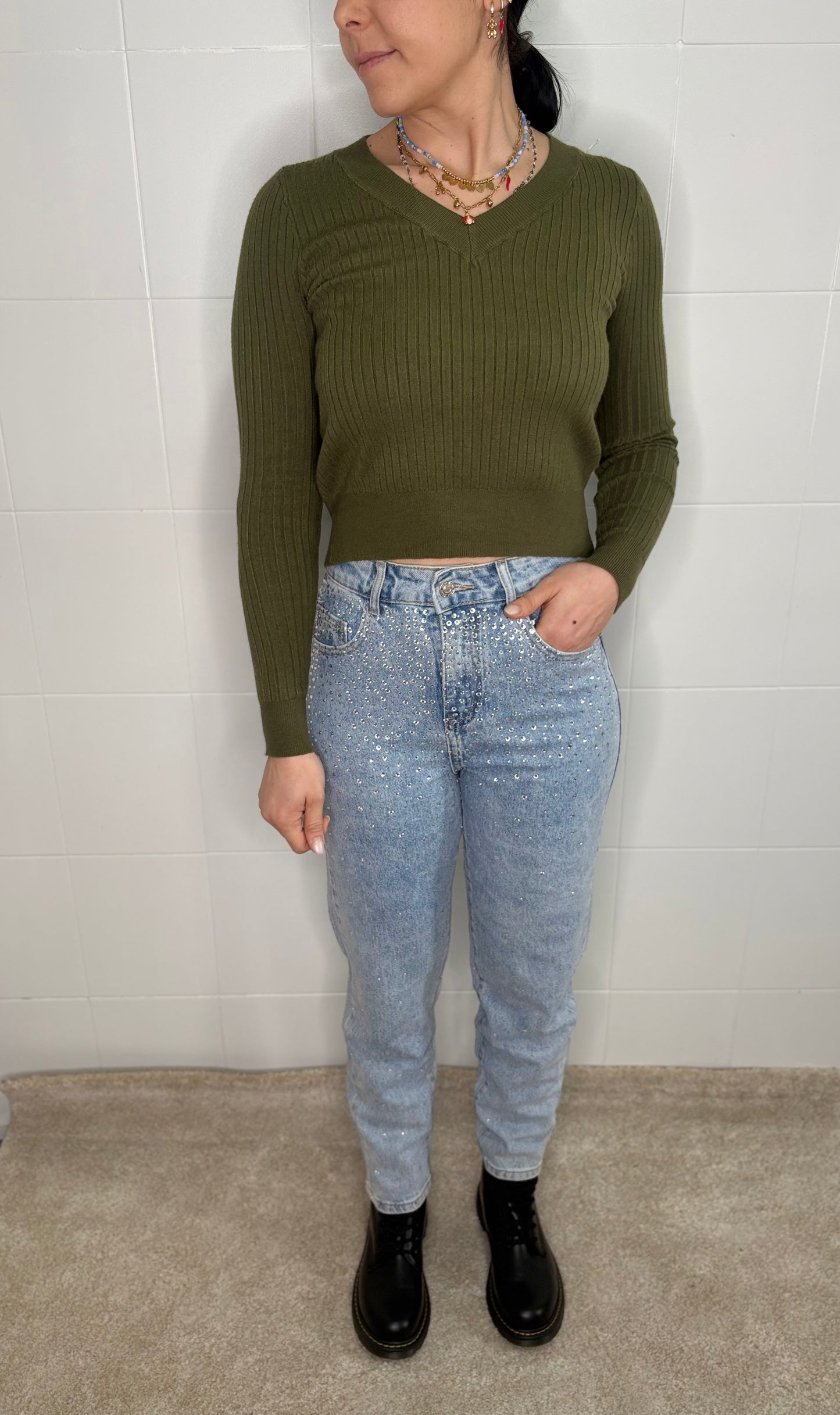 Jeans Donna con Strass Argentati Azzurri - Denim Glitter