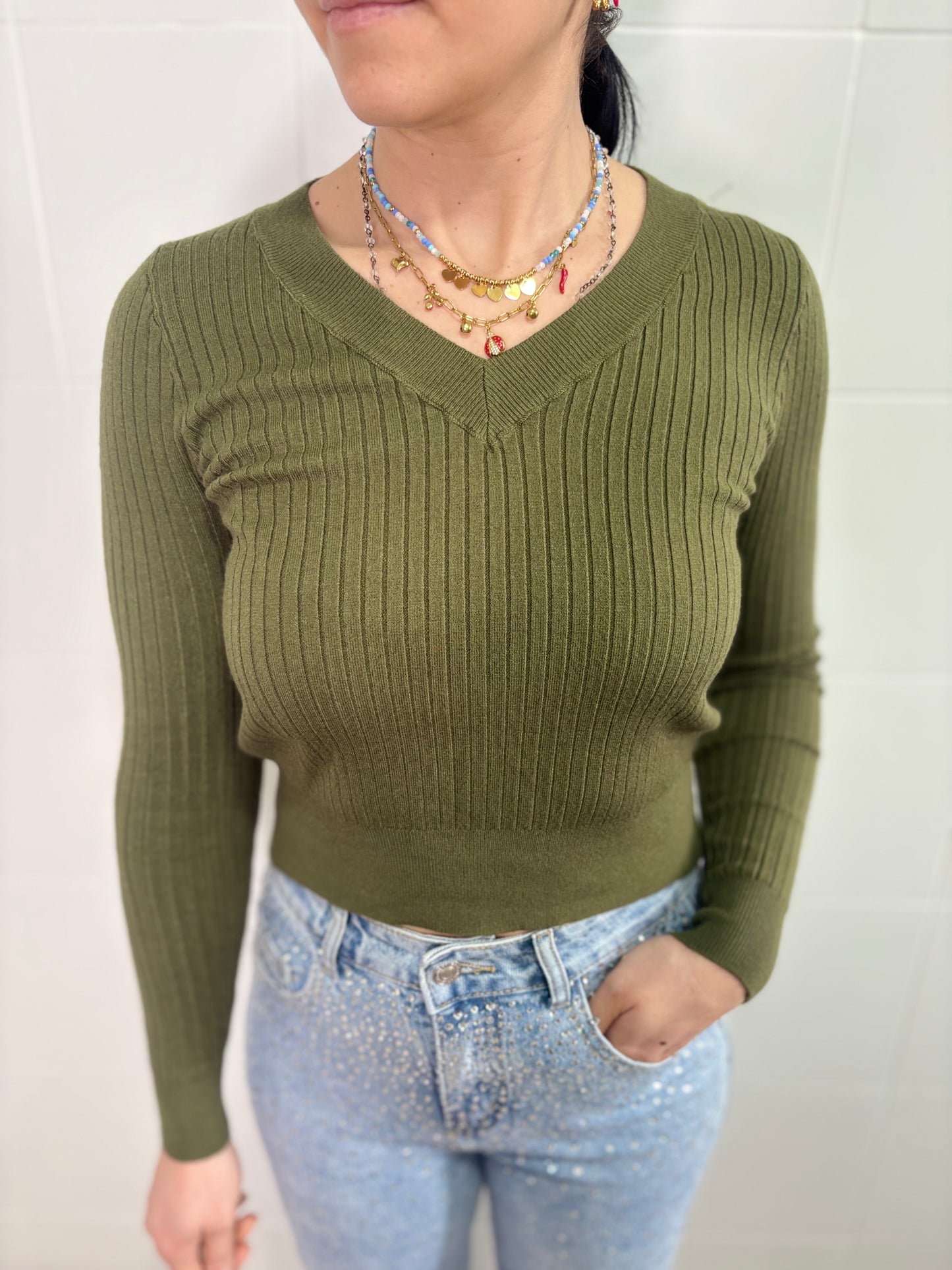 Maglione Donna Verde Oliva a Costine Scollo V - Taglia Unica XS-L