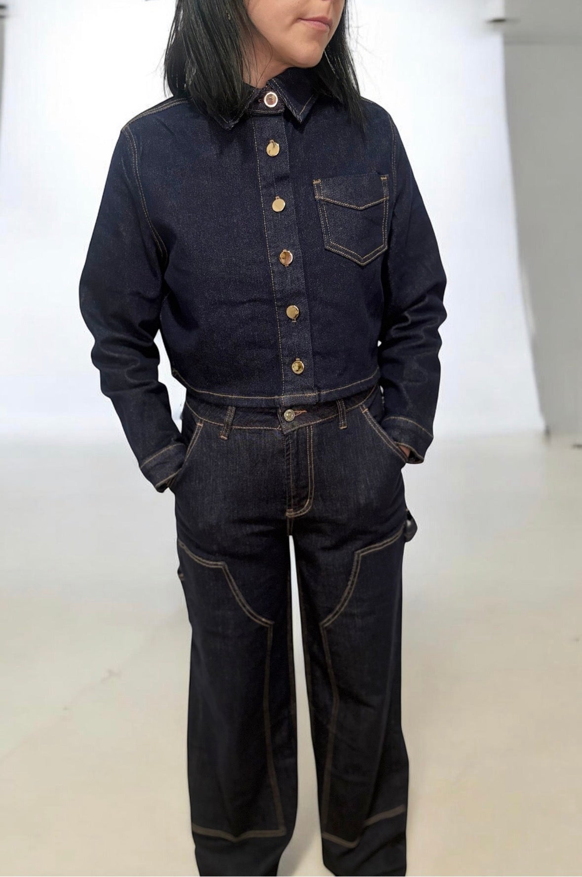 Coordinato Denim Donna Blu Scuro - Camicia e Pantaloni Cargo