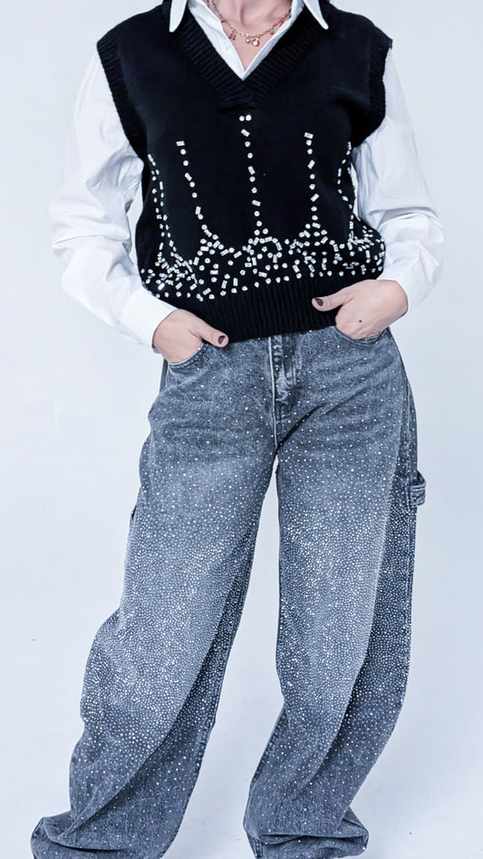 Jeans Glitter Donna - Stile Baggy con Strass