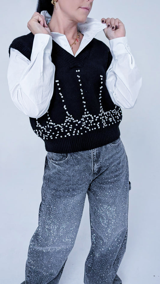 Gilet Elegante con Paillettes Argentate - Scollo a V