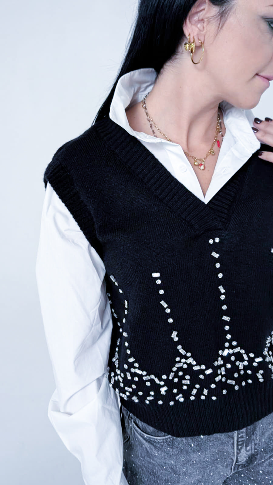 Gilet Elegante con Paillettes Argentate - Scollo a V