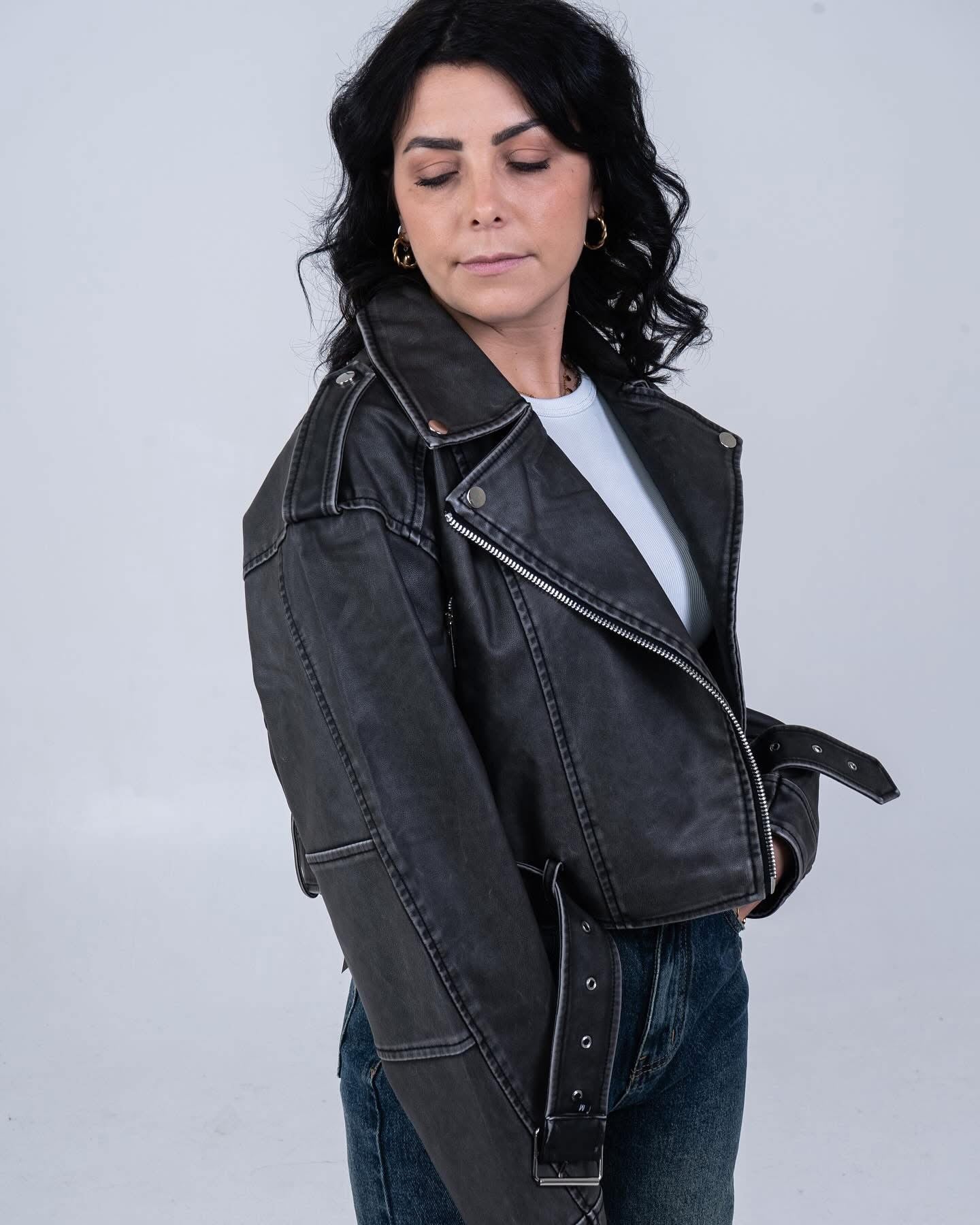 Giubbotto in Pelle Nero Donna - Giacca Biker Stile Rock