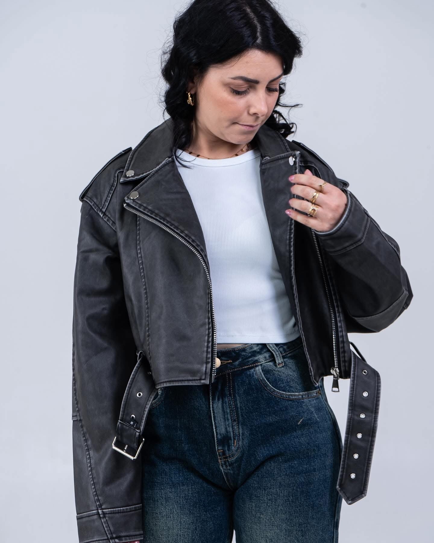 Giubbotto in Pelle Nero Donna - Giacca Biker Stile Rock