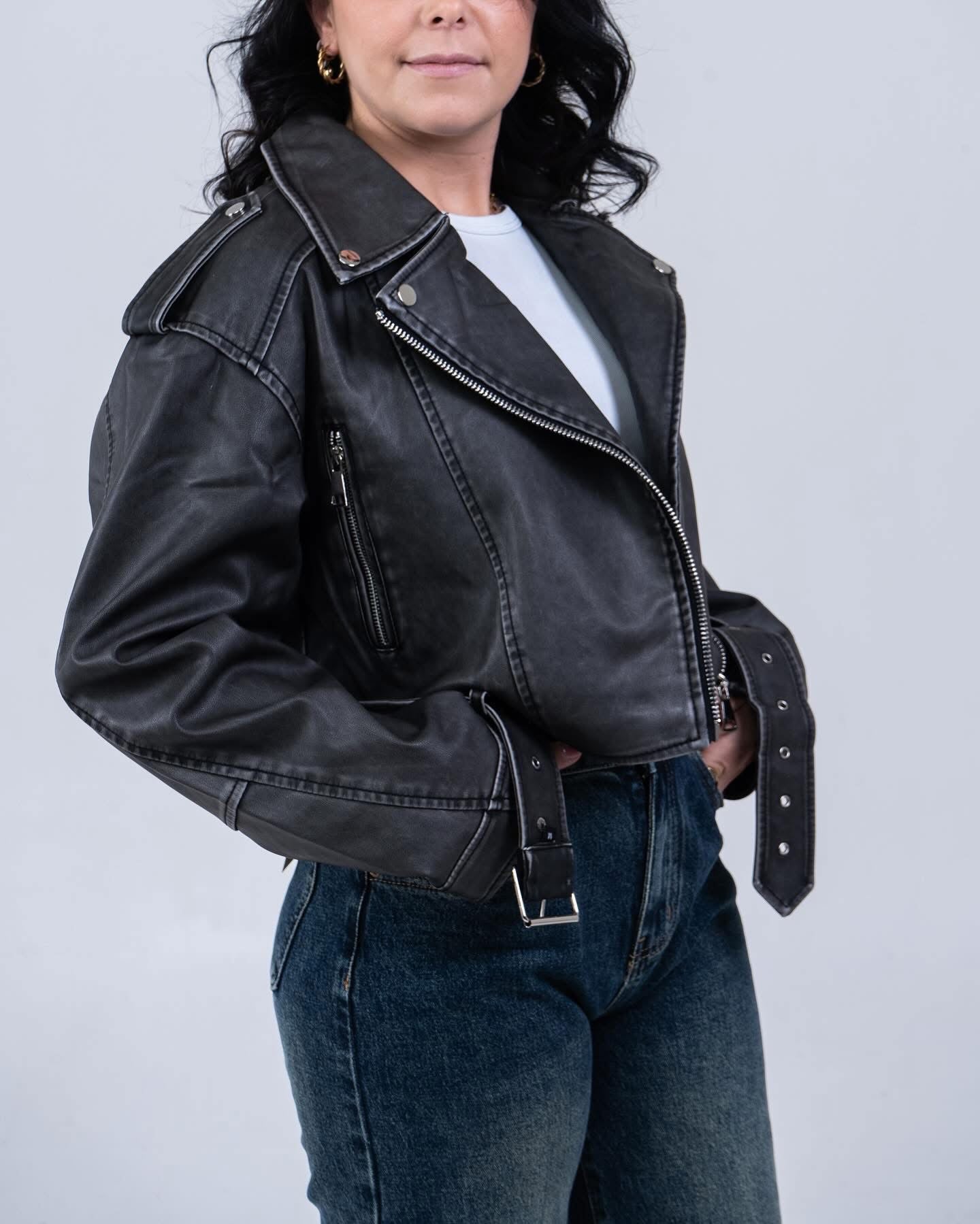 Giubbotto in Pelle Nero Donna - Giacca Biker Stile Rock