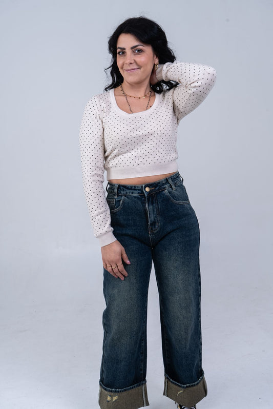 Maglia Crop Top a Pois Beige - Elegante e Versatile