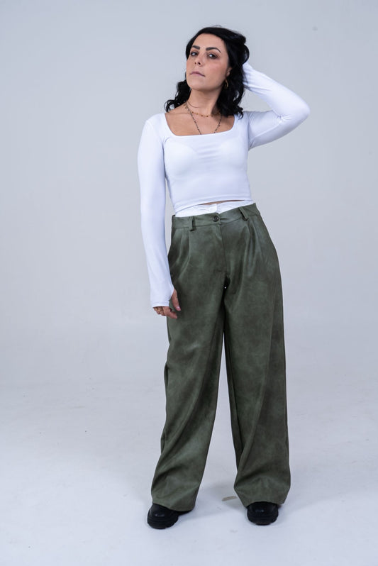 Pantaloni Palazzo Verde Militare Effetto Scamosciato - Eleganti e Comodi