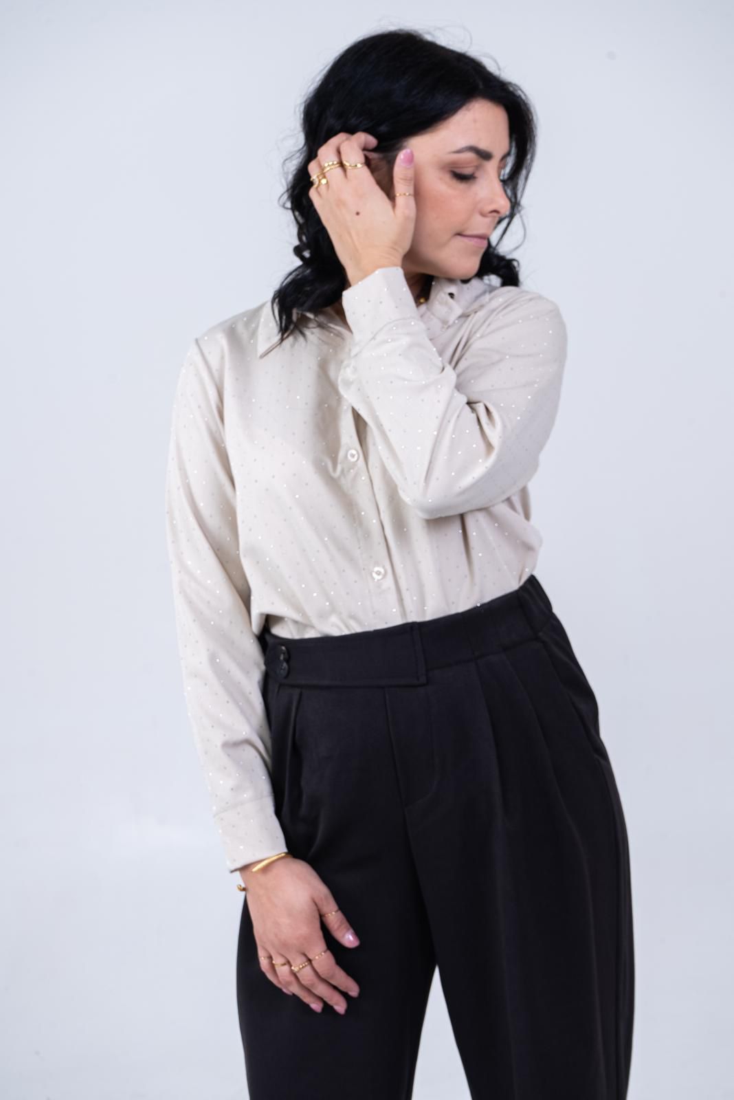 Camicia Beige con Pois Dorati - Elegante e Raffinata