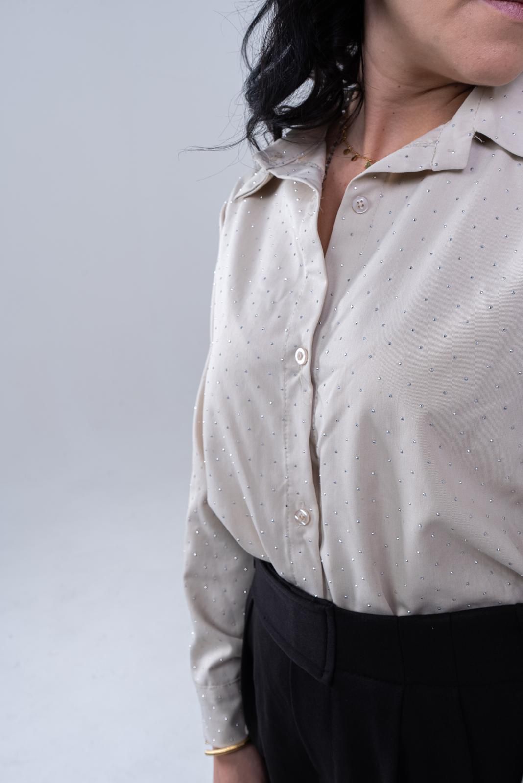 Camicia Beige con Pois Dorati - Elegante e Raffinata