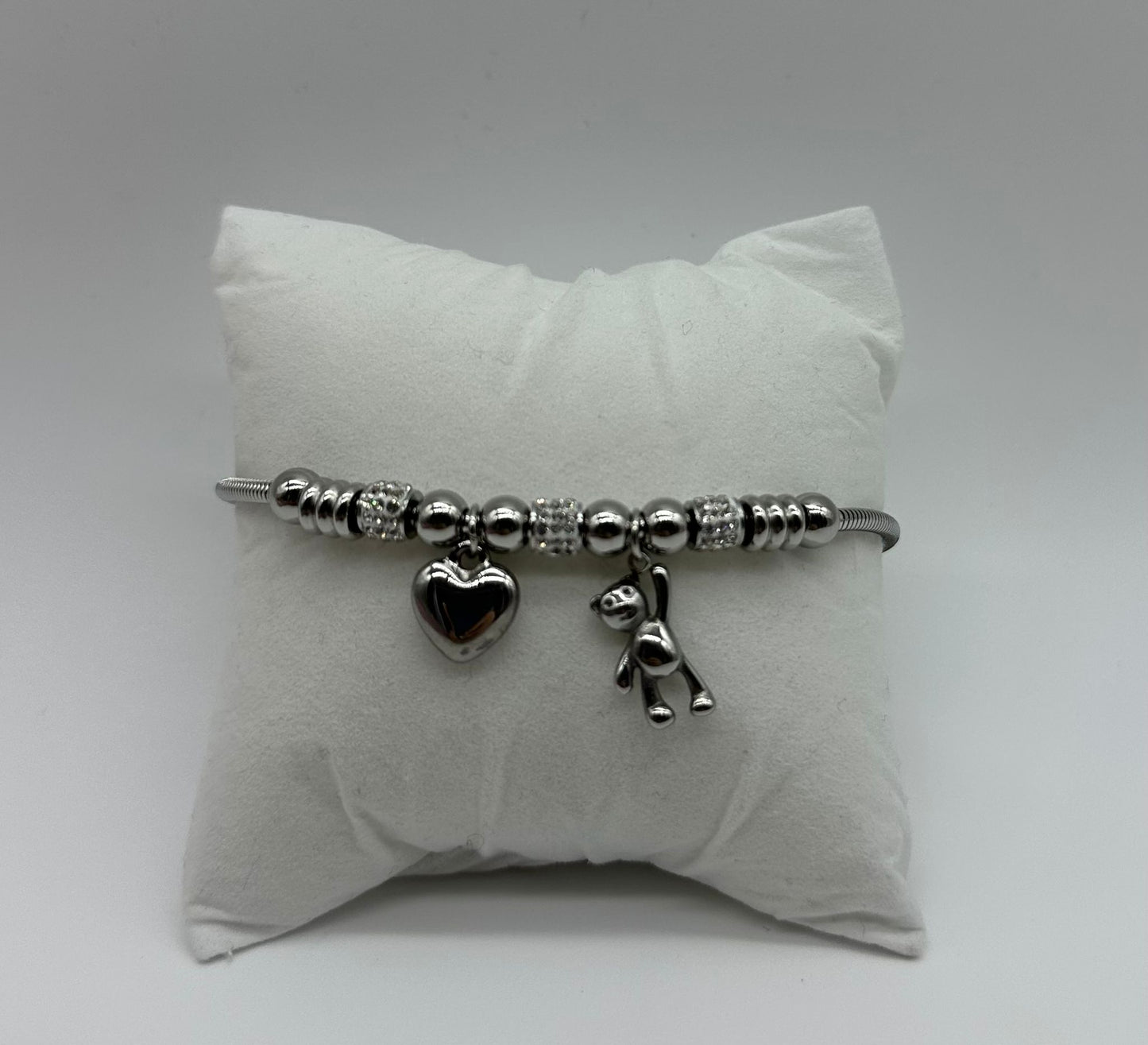 Bracciale Charm Cuore e Orsacchiotto - Acciaio Inossidabile