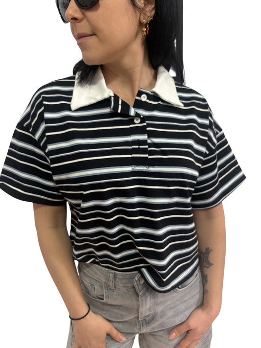 Polo a Righe Bianche e Nere Taglia Unica - Stile Casual Elegante