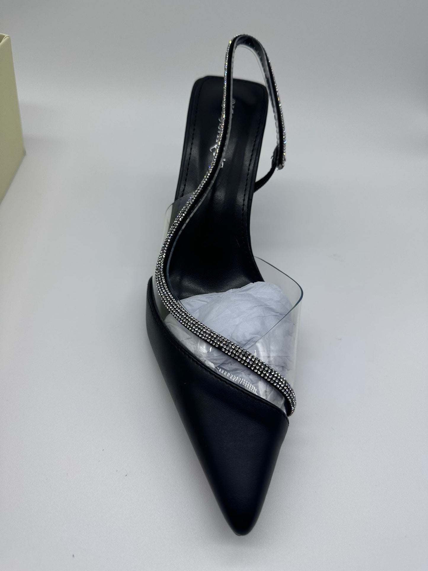 Décolleté Slingback Nera con Strass e Inserto in PVC