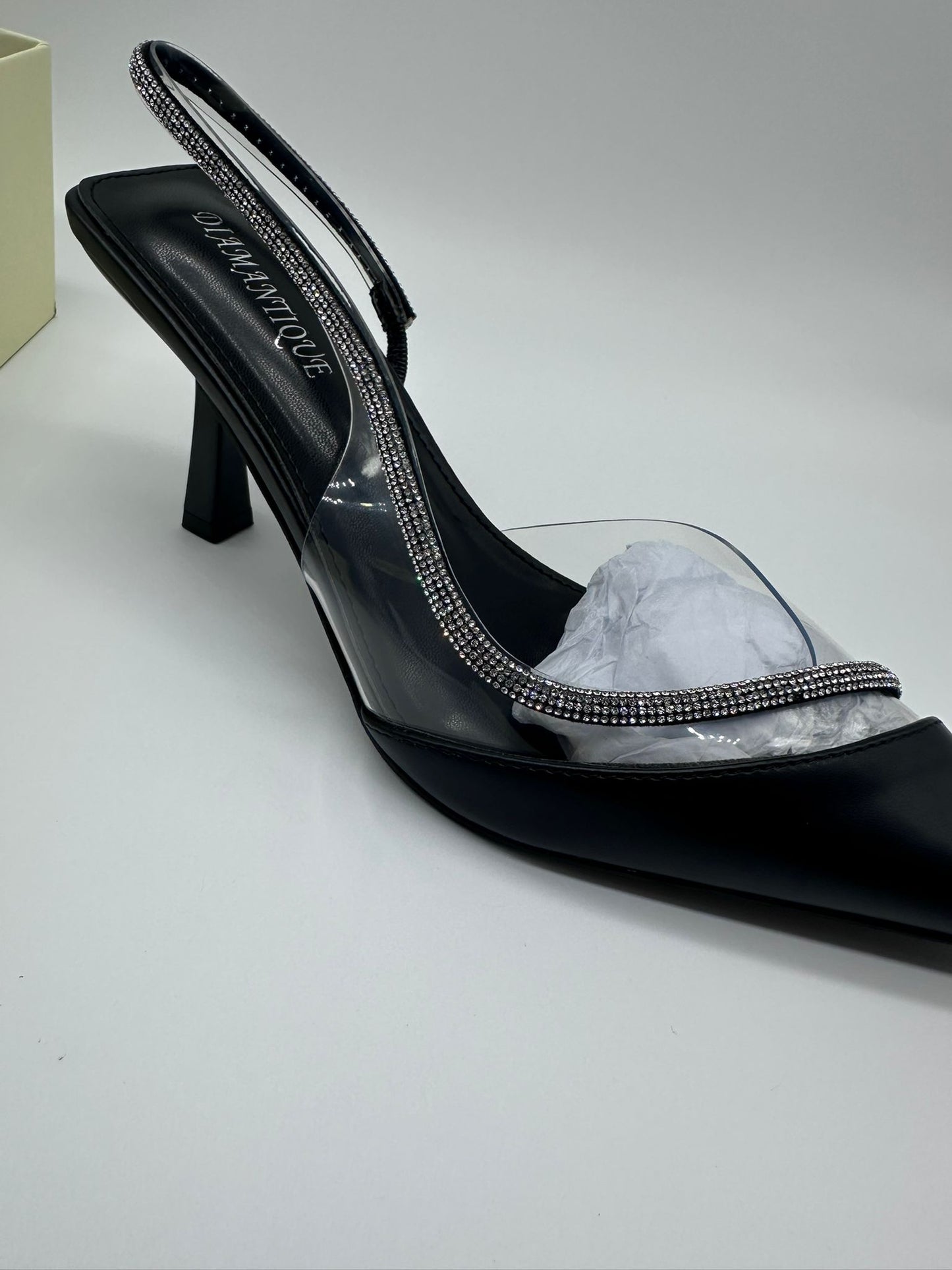 Décolleté Slingback Nera con Strass e Inserto in PVC