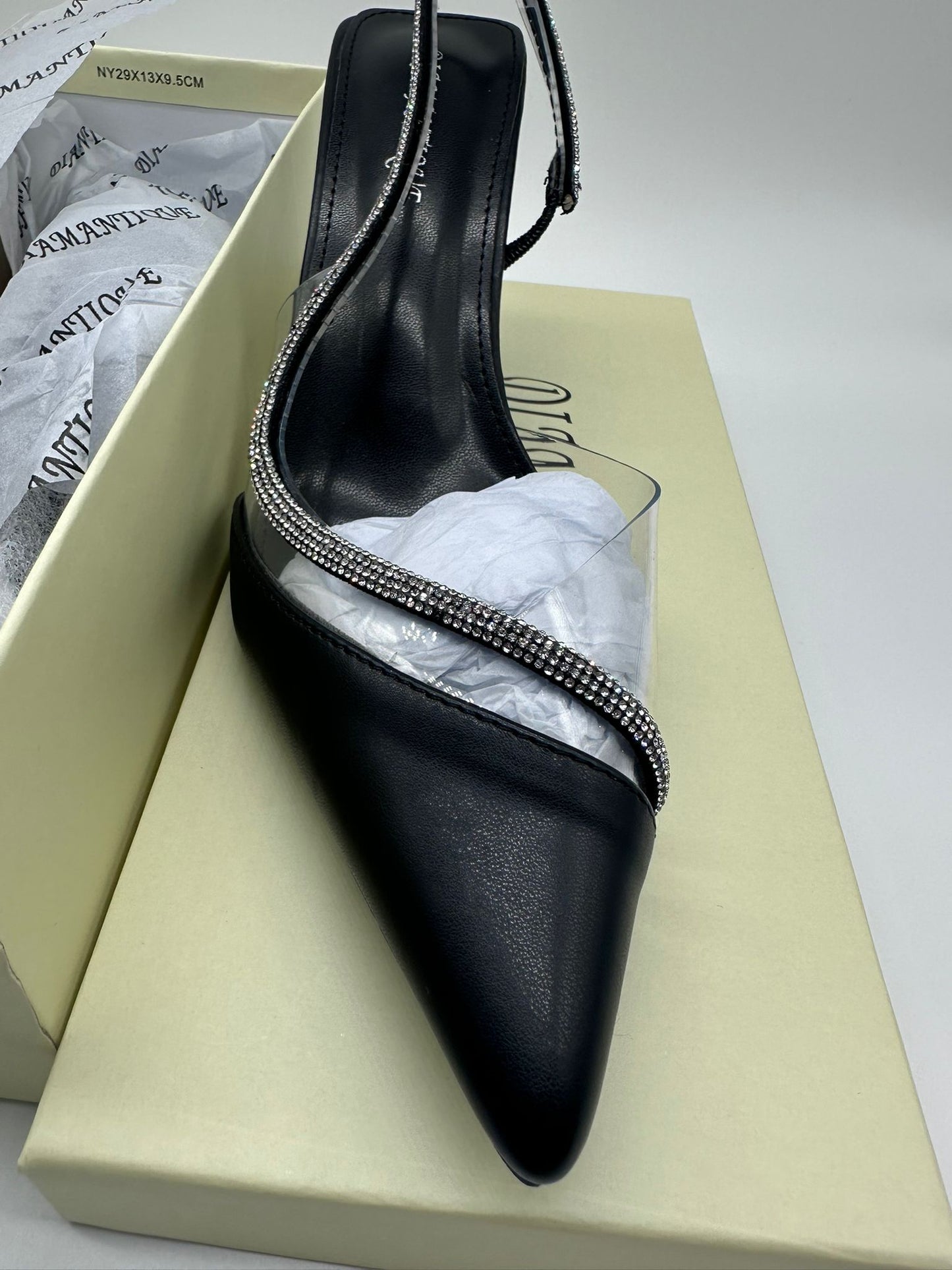 Décolleté Slingback Nera con Strass e Inserto in PVC