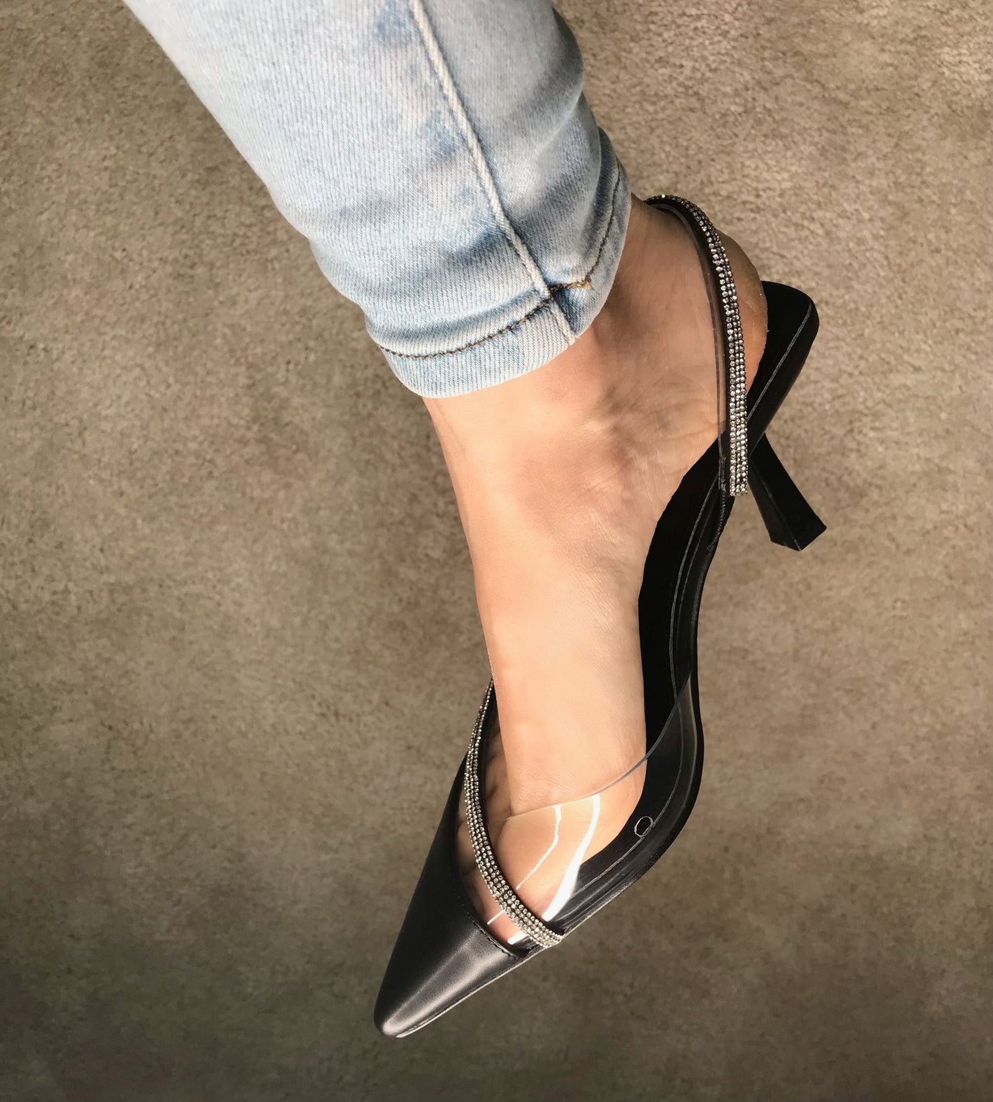 Décolleté Slingback Nera con Strass e Inserto in PVC