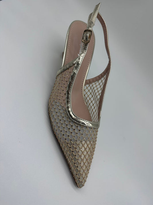 Décolleté Slingback in Mesh Dorato con Strass – Punta Affusolata