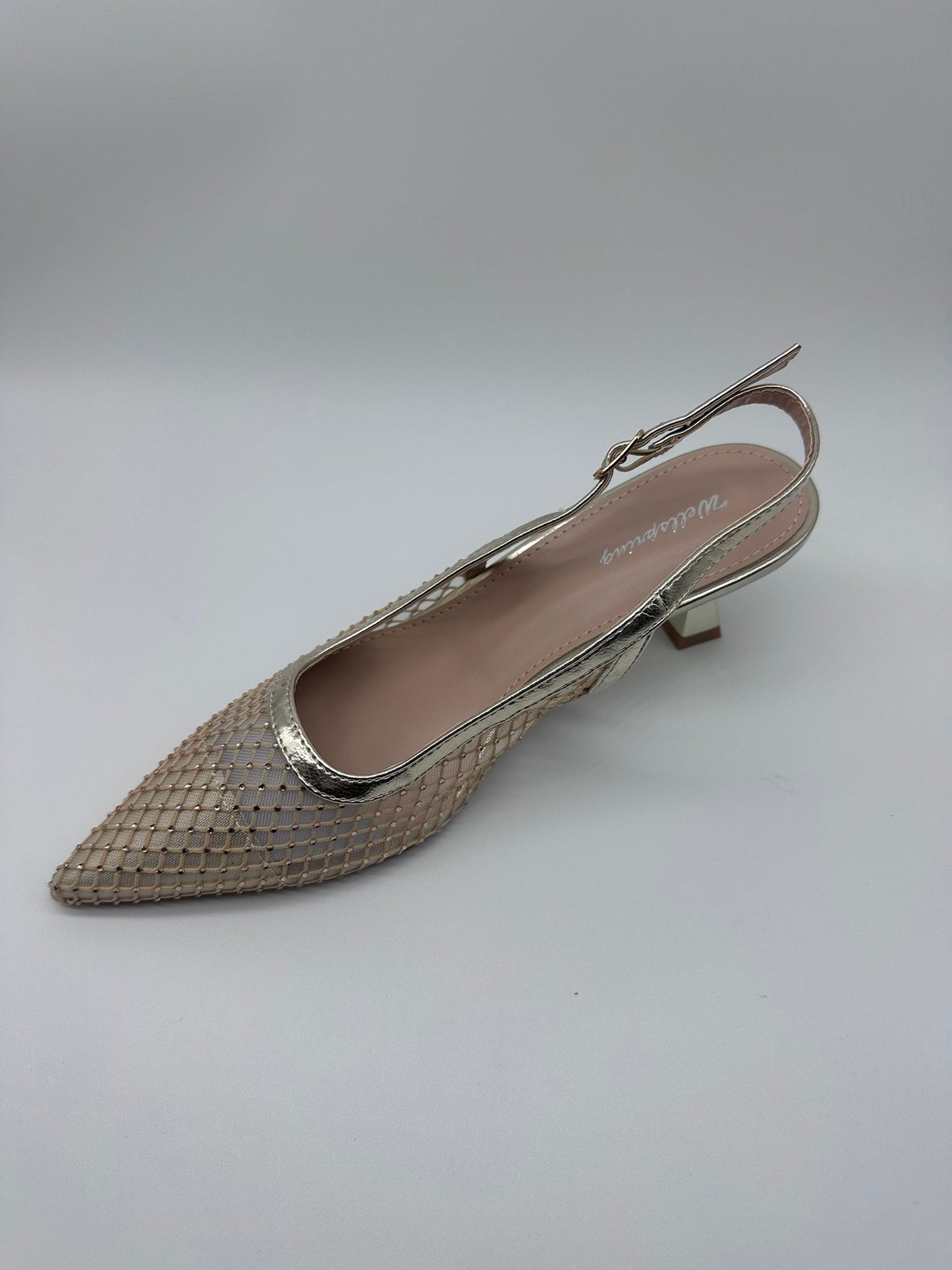 Décolleté Slingback in Mesh Dorato con Strass – Punta Affusolata