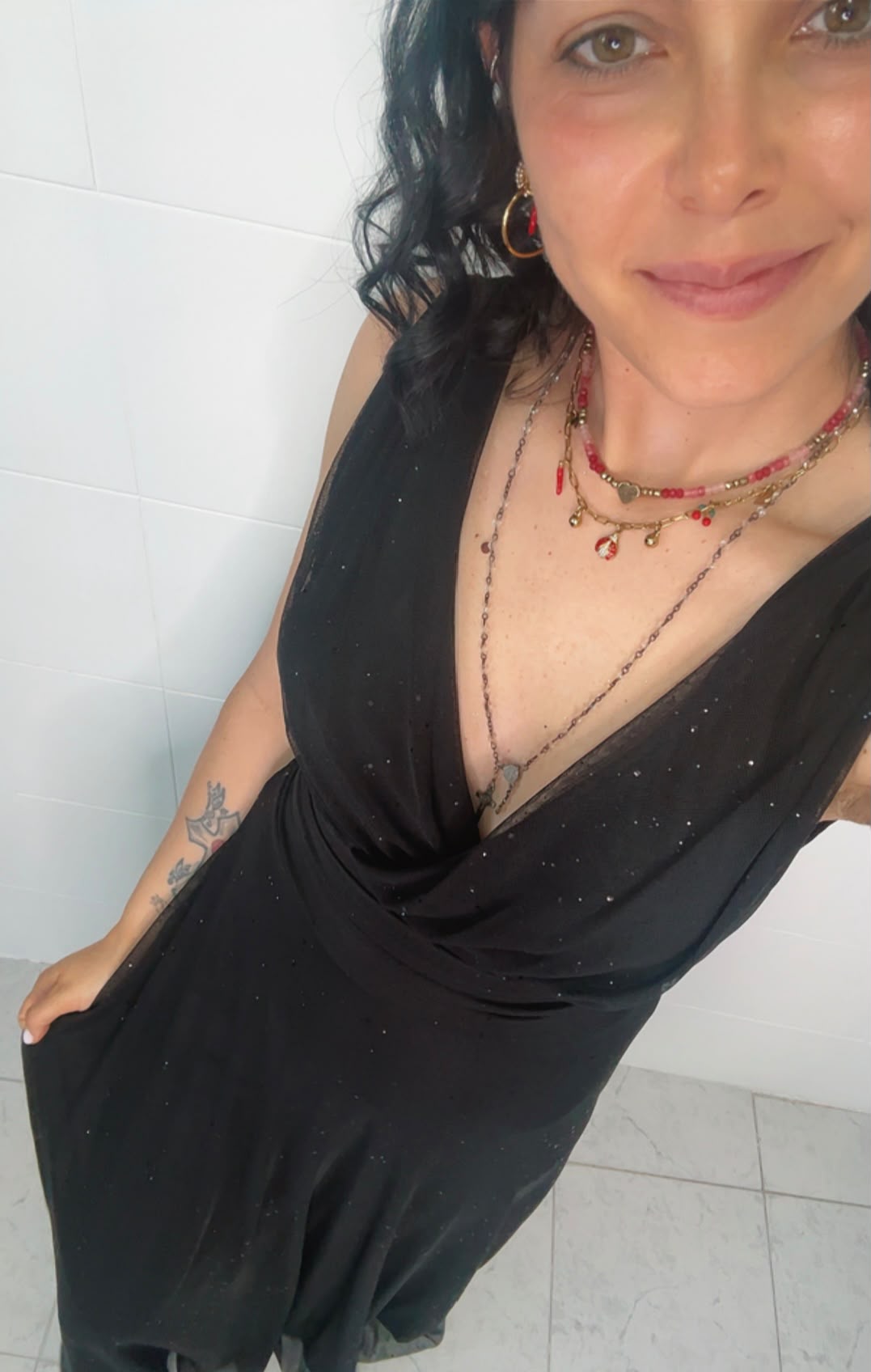 Abito Lungo Nero con Glitter – Scollo a V Profondo, Taglia Unica | Cerimonia e Serate di Gala