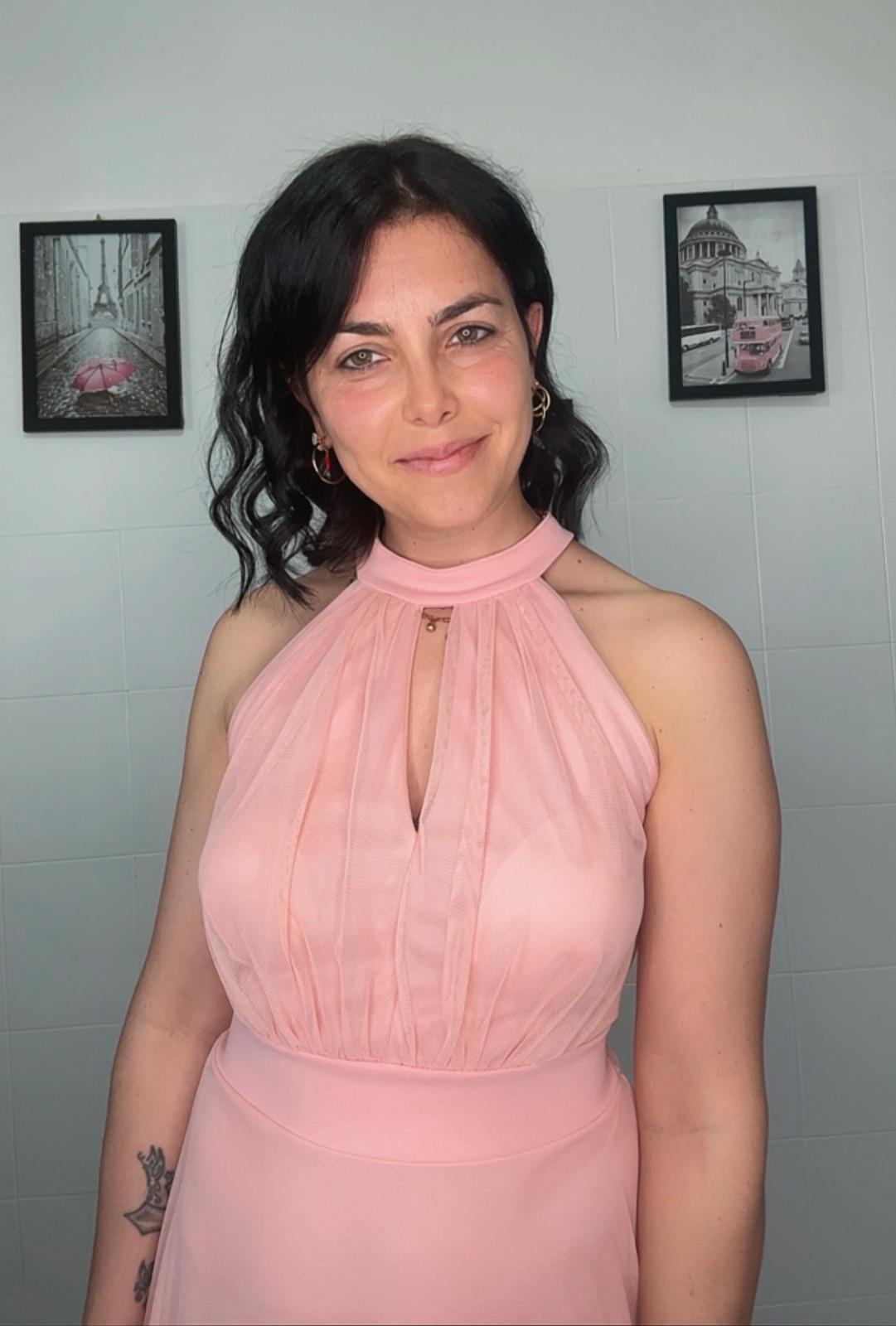 Abito Lungo Rosa Cipria con Collo all'Americana – Drappeggio e Cut-Out | Cerimonia e Occasioni Speciali