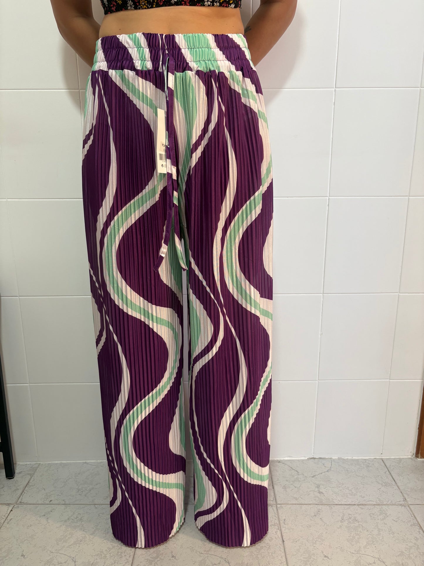 Pantaloni Plissé Wide Leg con Stampa Wave | Vita Elastica