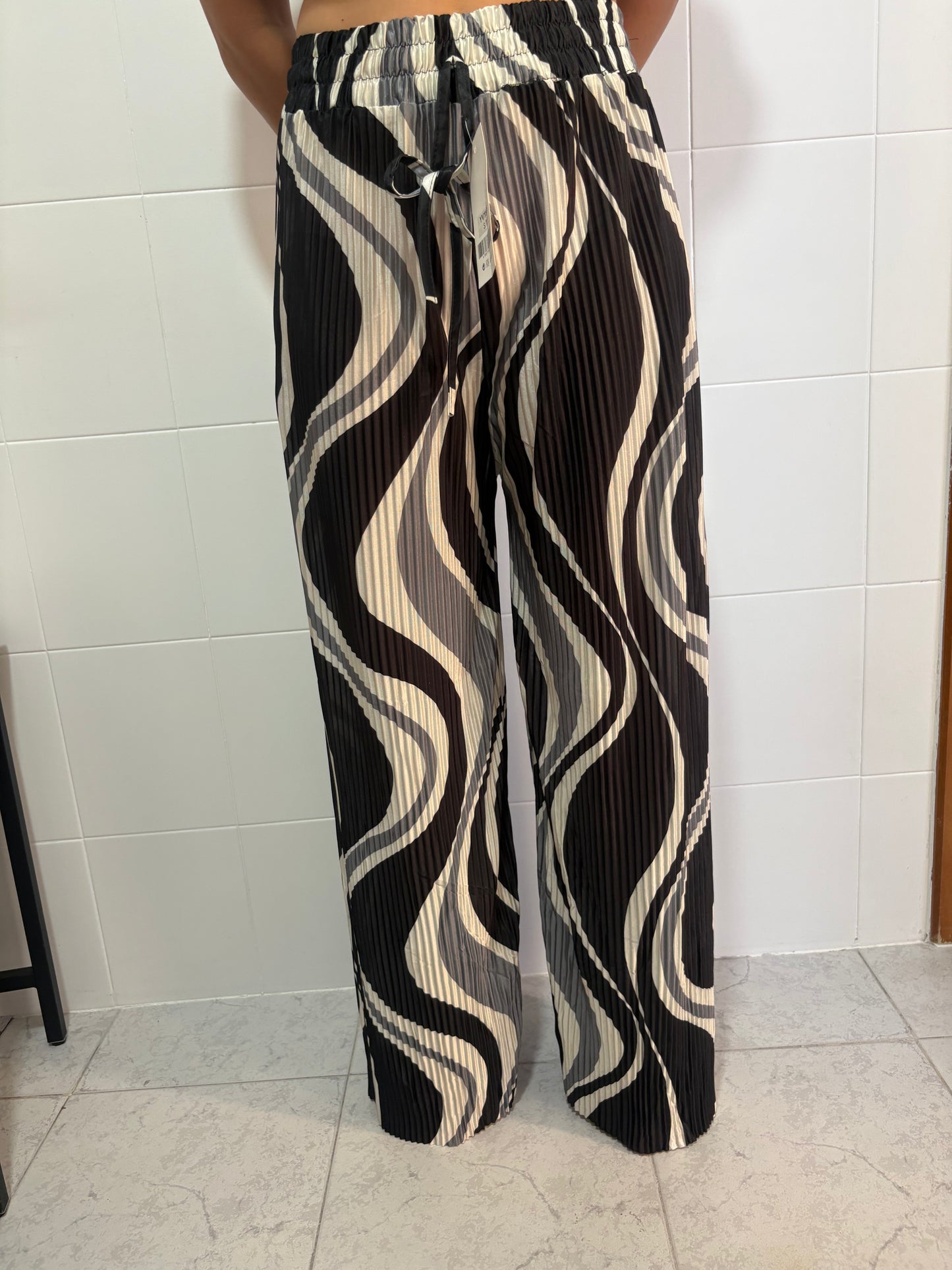 Pantaloni Plissé Wide Leg con Stampa Wave | Vita Elastica